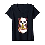 Maglietta donna kawaii con panda e ramen - con Collo a V